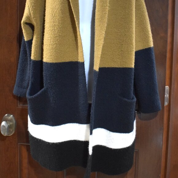 Decker Oversized Sweater Jacket Size S/M Camel Brown Navy Blue Open Front Comfy - Picture 4 of 13